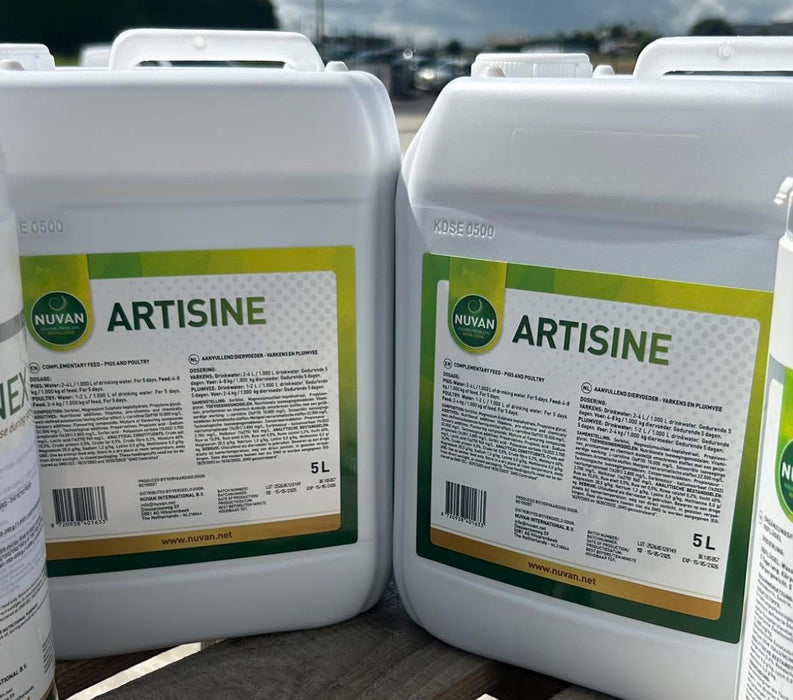 Two 5-liter jugs of Nuvan Artisine complementary feed for pigs and poultry.