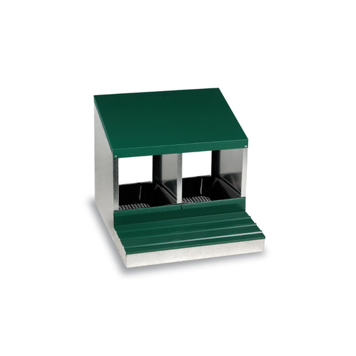 Green and silver metal laying nest with two compartments and baskets.