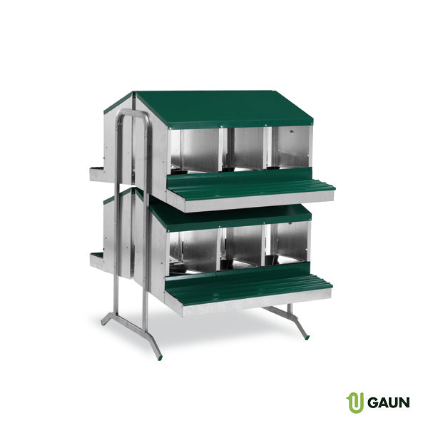 Two-tiered laying nest with 12 compartments and green roof.