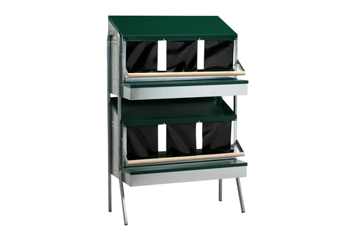 A two-tiered metal and green collective laying nest with black curtains and wooden perches.
