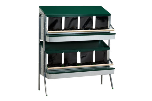 A two-tiered metal laying nest with green tops and black curtains.