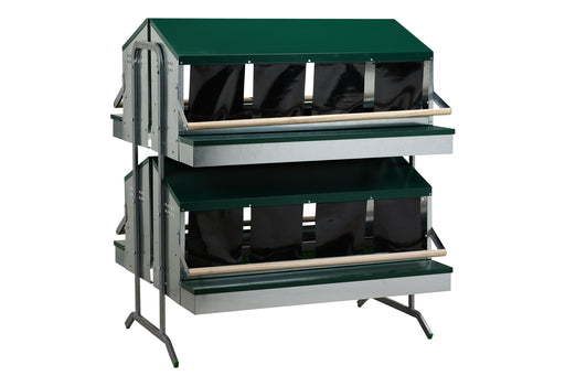 Two-tiered collective laying nest with green roof and black curtains.