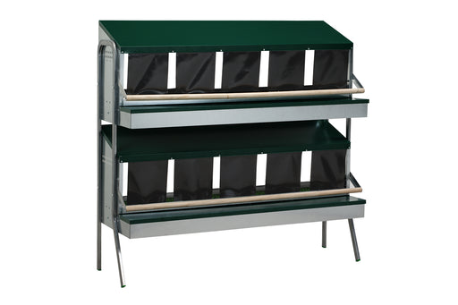 Two-tier collective laying nest with perch and black curtains.