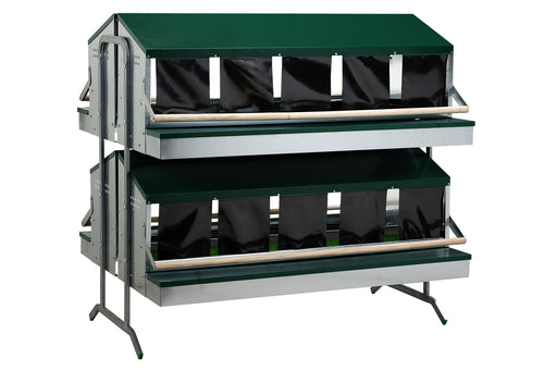 A two-tiered metal chicken nesting box with green roofs and black curtains.