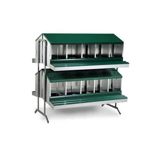 Two-tiered laying nest with 20 compartments and green roof.