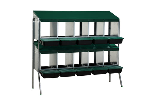 A green and silver 10-compartment laying nest with plastic trays.