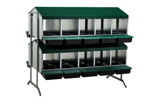 Green and silver 20-compartment laying nest with plastic floors.