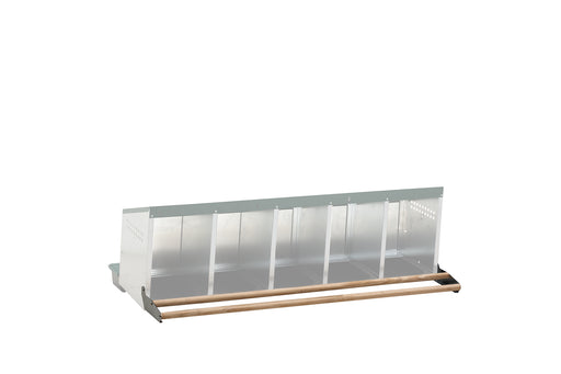 A metal laying nest with a wooden perch and plastic floor.