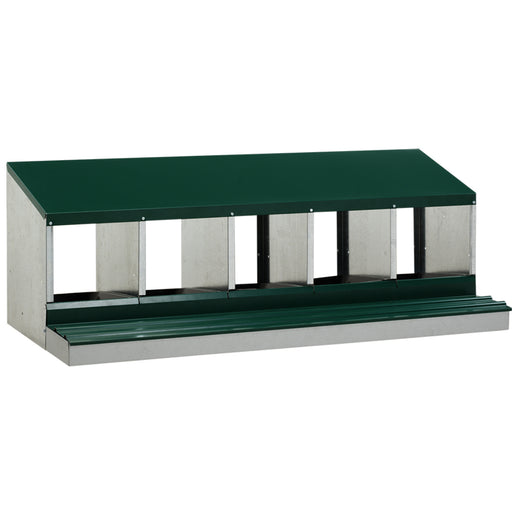 Green metal laying nest with five compartments and a sloped roof.