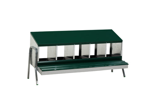 Green metal laying nest with 5 compartments and legs.