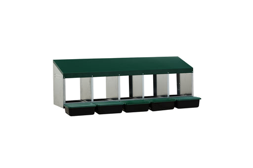 A green and silver laying nest with five black plastic compartments.