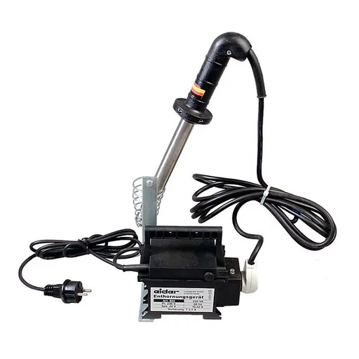 Electric dehorner with transformer, 24 V, featuring a black handle and cord.