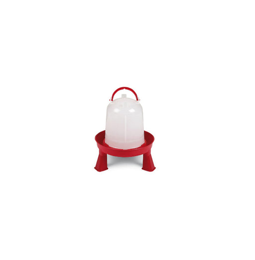 A white plastic chicken drinker with a red base and legs.