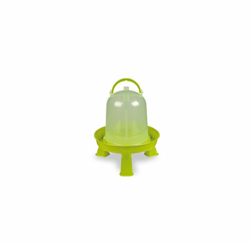 A green chicken drinker with legs and a clear dome.