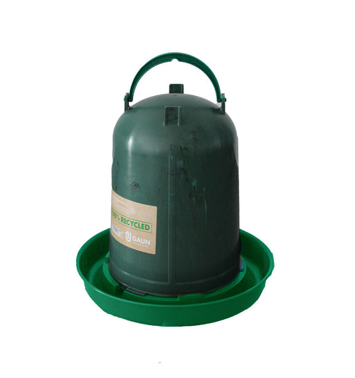 Green recycled chicken drinker with a handle and a base.