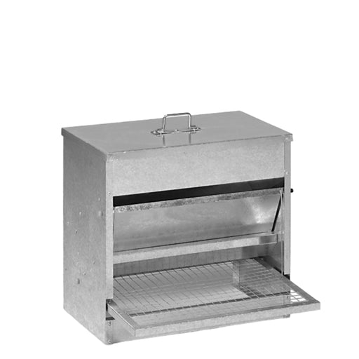 Galvanised treadle feeder with a metal grate and open door.