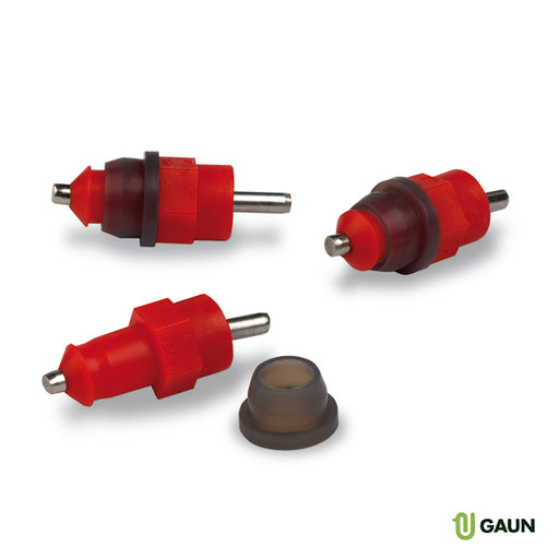 Four red poultry nipple drinkers with metal pins and a rubber cap.