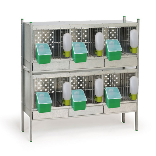 A two-tier partridge cage with multiple compartments, feeders, and waterers.