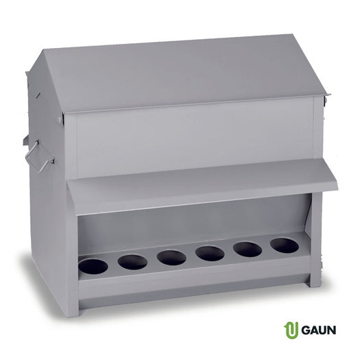 Outdoor galvanized feeder with multiple openings and a sloped roof.