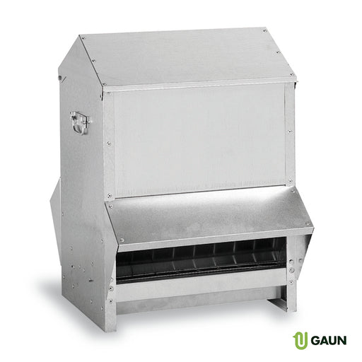 Galvanised steel outdoor feeder with a sloped roof and multiple feeding compartments.