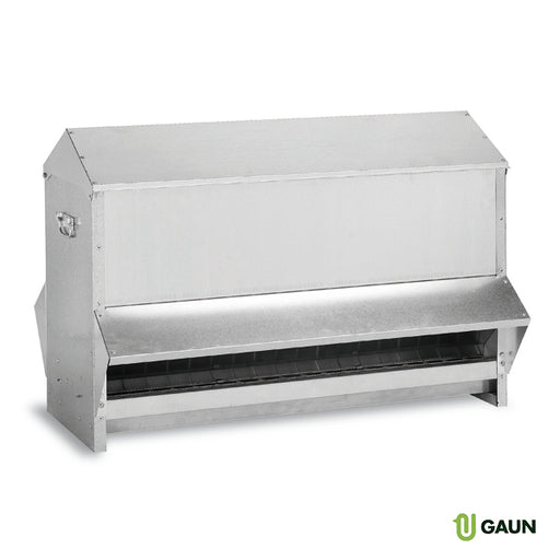 Outdoor galvanized feeder with a large capacity and sloped roof.