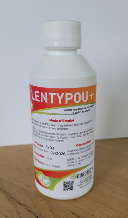 Bouteille de Lentypou+ avec étiquette rouge et orange.