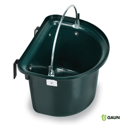 Dark green portable horse manger with a metal handle and mounting brackets.
