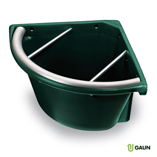 Dark green corner feeder with metal bars and a curved metal rim.