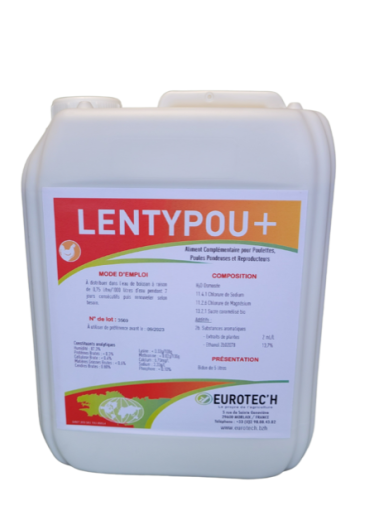 Bidon de 5 litres de Lentypou+ pour le contrôle des poux rouges.