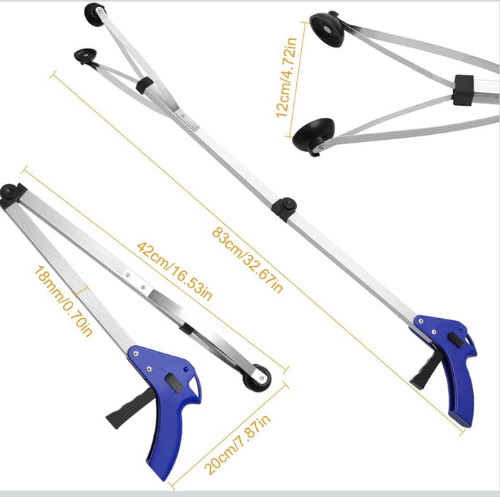 Egg lifter with blue handle and silver arms, shown extended and folded.