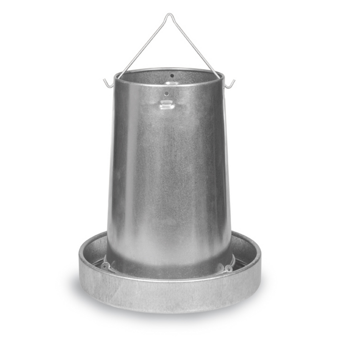 Metal hanging feeder with a galvanized steel hopper and base.