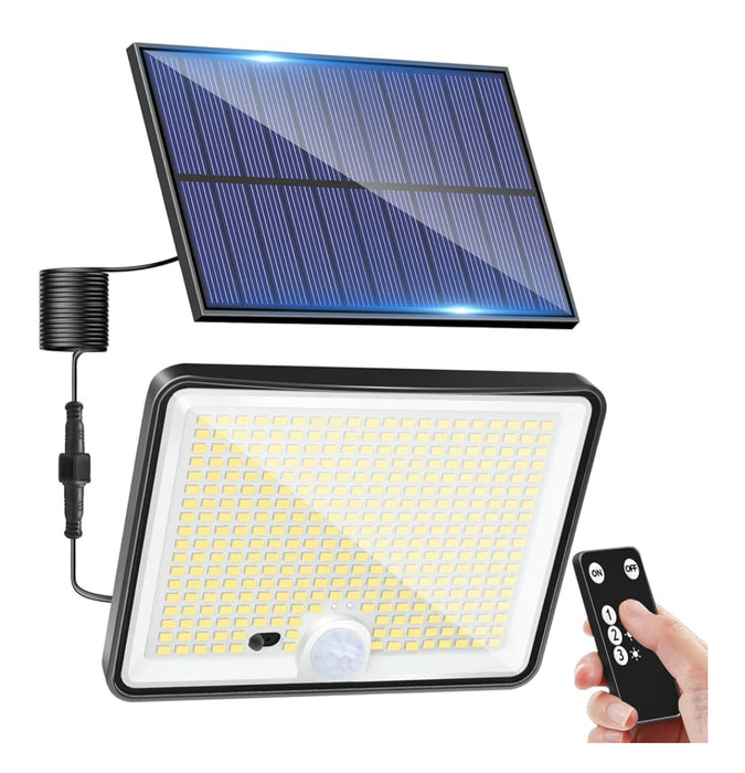 Solar powered LED flood light with separate solar panel and remote.