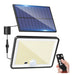 Solar powered LED flood light with separate solar panel and remote.
