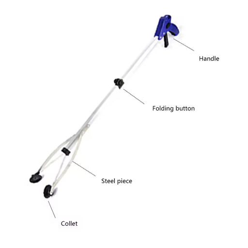 Egg lifter with handle, folding button, steel piece, and collet.