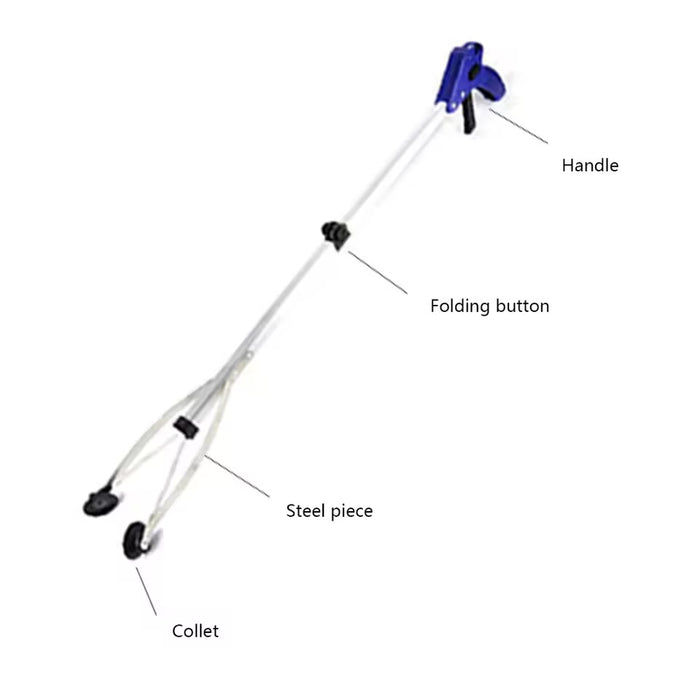 Egg lifter with handle, folding button, steel piece, and collet.