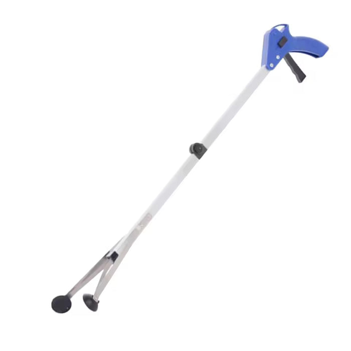 Egg lifter with a blue handle and a long white shaft.