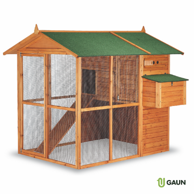 Wooden bird house with green roof and nesting box.