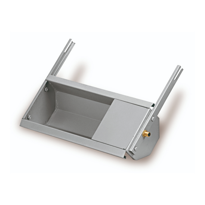 Galvanized metal sheep drinking trough with angled supports.