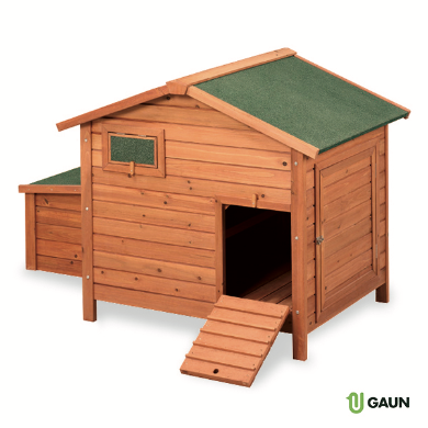 Wooden birdhouse with a green roof and ramp.