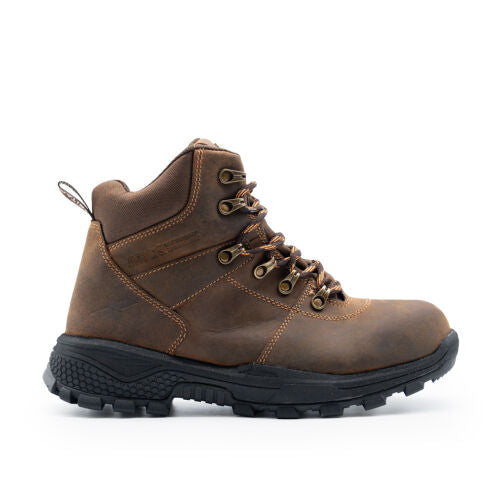 Brown Xpert Heritage Explorer waterproof hiking boot with a rugged sole.