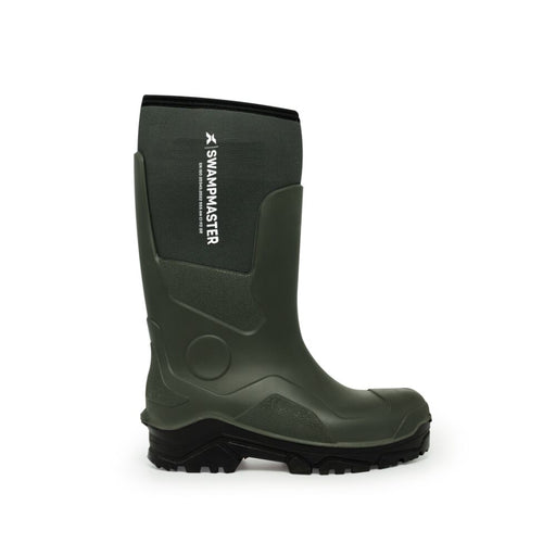 A green Swampmaster Pro Trapper Wellington boot with a neoprene shaft.