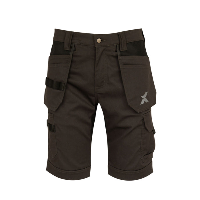 Xpert Pro Stretch+ grey and black work shorts with holster pockets.
