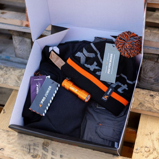 Xpert Pro Junior gift bundle with beanie, flashlight, and workwear.