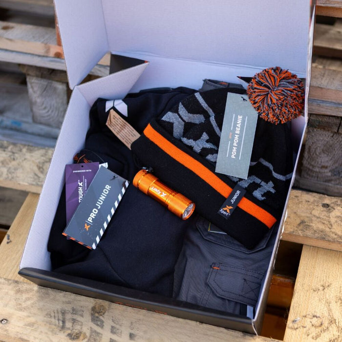 Xpert Pro Junior gift bundle with beanie, flashlight, and workwear.