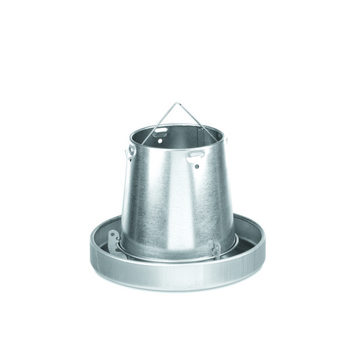 Metal hanging feeder with a galvanized steel hopper and base.