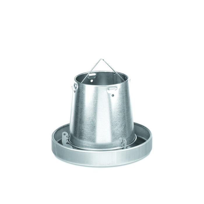 Metal hanging feeder with a galvanized steel hopper and base.