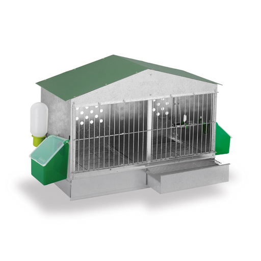 Galvanized metal partridge cage with green roof, two compartments, feeders, and waterers.