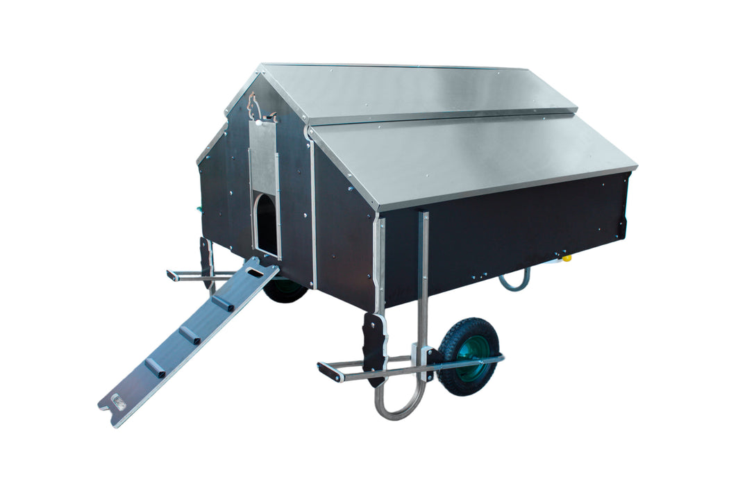 Mobile chicken house with wheels and ramp.