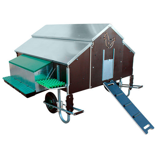 Mobile chicken house with wheels, ramp, and egg collection tray.