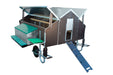 Mobile chicken house with wheels, ramp, and egg collection.